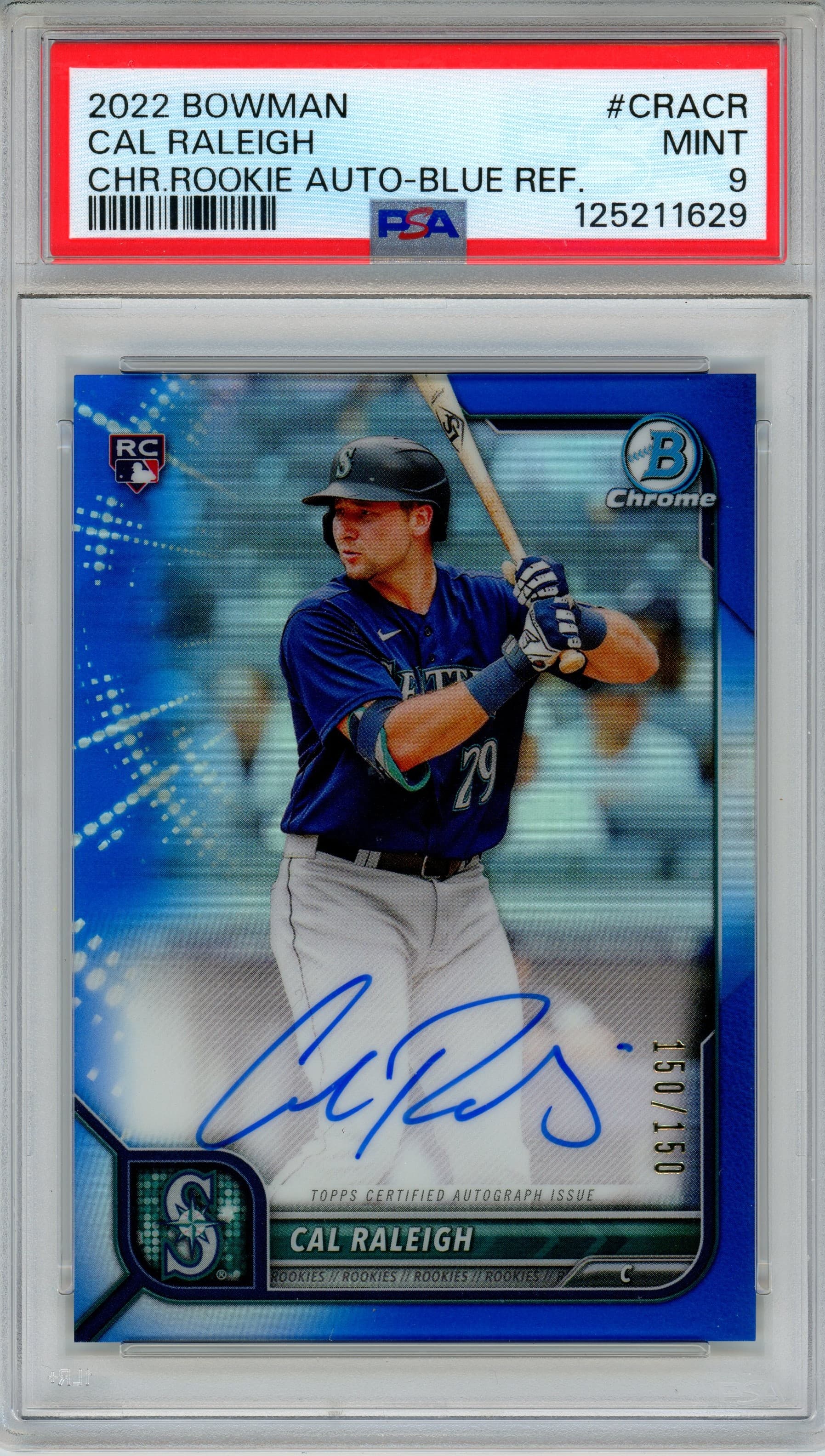 2022 Bowman Cal Raleigh Chrome Rookie Auto Blue Refractor #/150 PSA 9